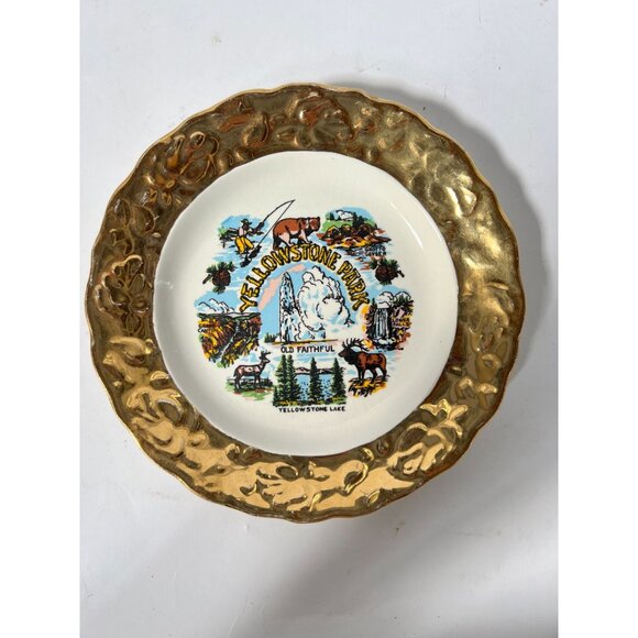 Vintage Yellowstone Park Souvenir Plate With Gold Tone Border - Picture 7 of 16